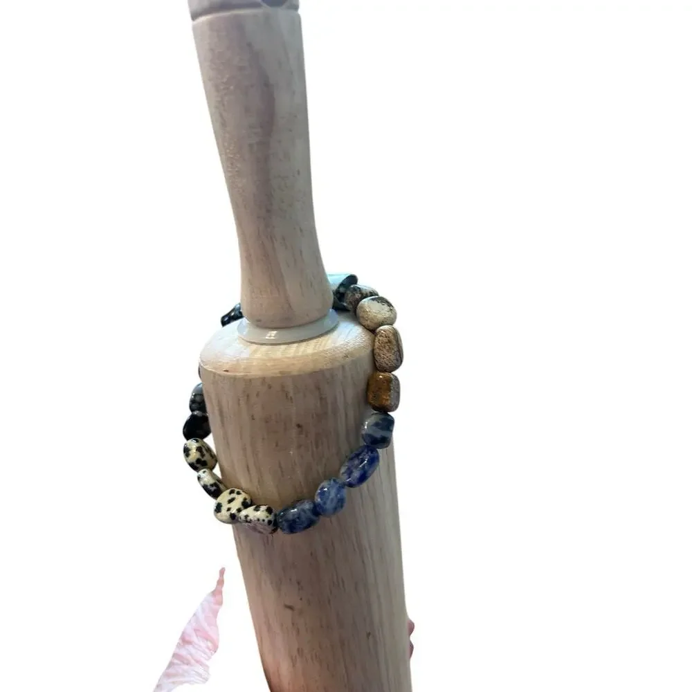Lapis Dalmatian Jasper Picture Jasper Silver Stretchy Bracelet Hand Strung